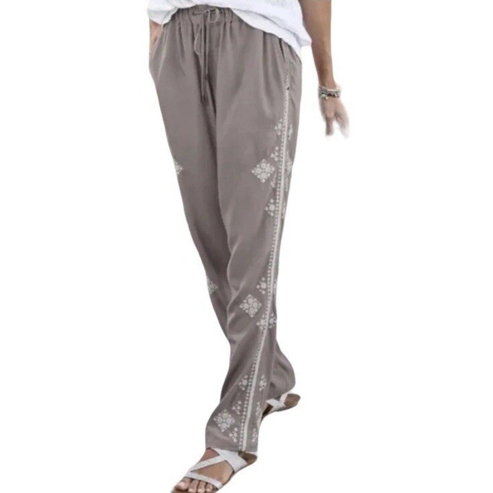 Sundance Embroidered Pants Mauve Brown Boho Coastal Beachy Womens Medium